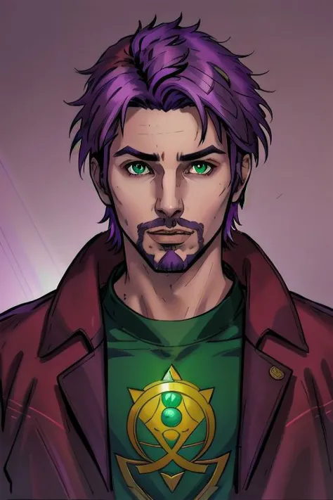 a man with purple hair and a green shirt is looking at the camera