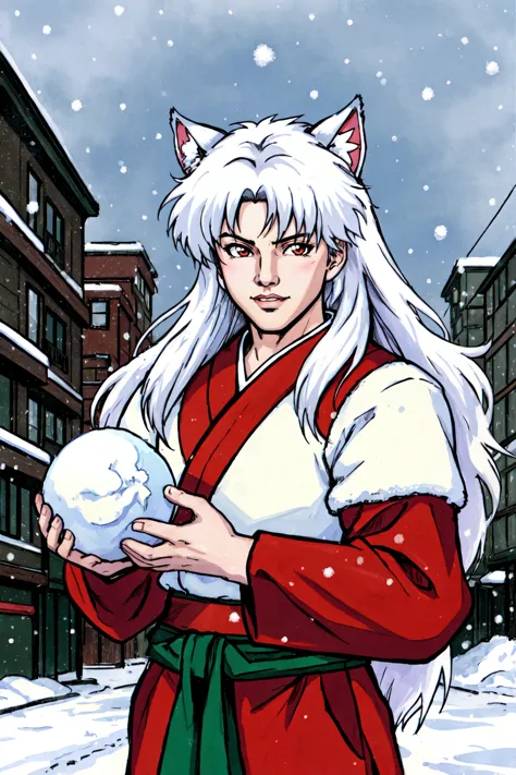 a cartoon of a woman in a red and green outfit holding a snowball