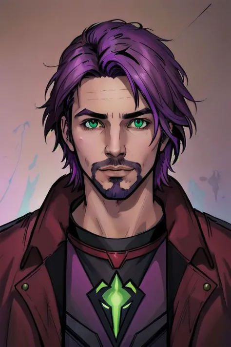 a man with purple hair and a green star on his chest