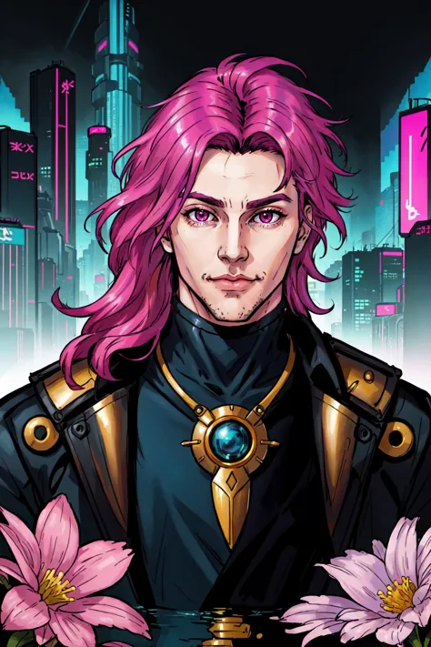 a man with pink hair and a black jacket standing in front of a city