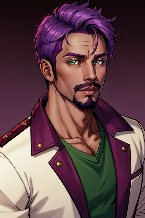 a man with purple hair and a beard wearing a white jacket