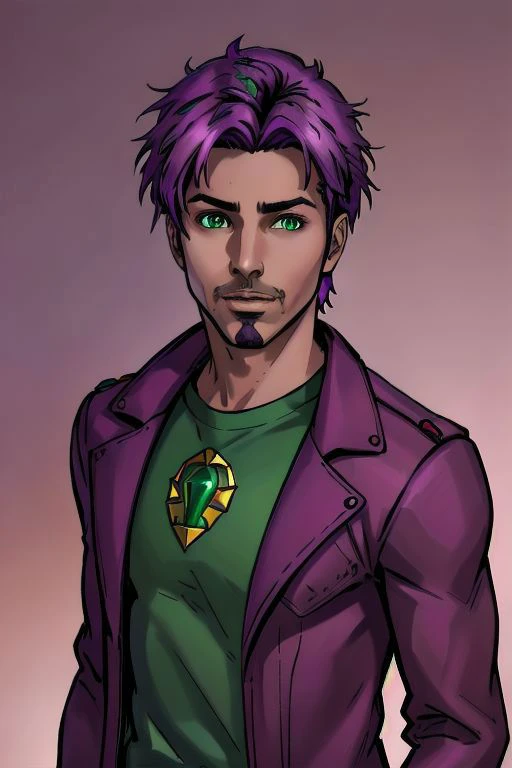 a man with purple hair and a green shirt and purple jacket