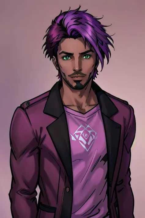 a man with purple hair and a purple shirt is standing