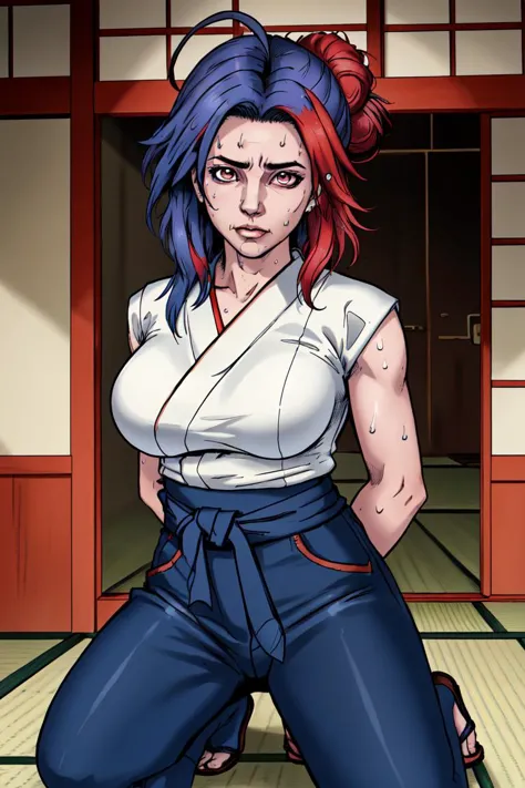 a woman with red hair and blue pants posing in a room