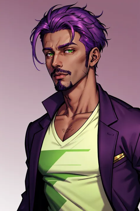 a man with purple hair and a green shirt is standing