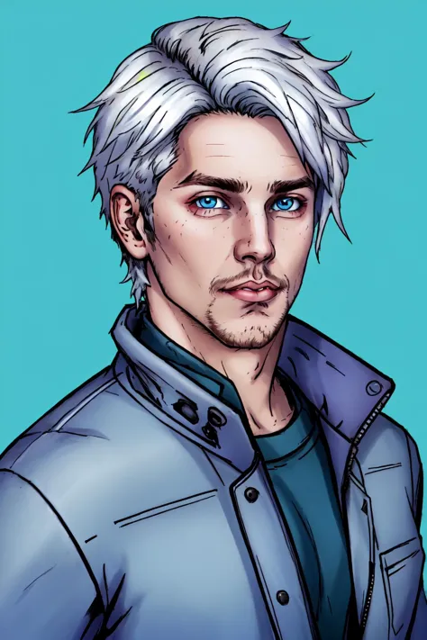 a drawing of a man with white hair and blue eyes