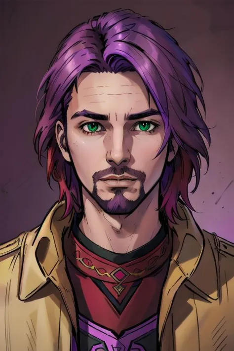 a man with purple hair and a beard wearing a brown jacket