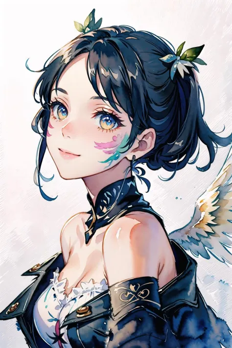 (watercolor style:1.2), Digital art of (fallen angel girl with angel wings), official art, frontal, smiling, masterpiece, Beauti...