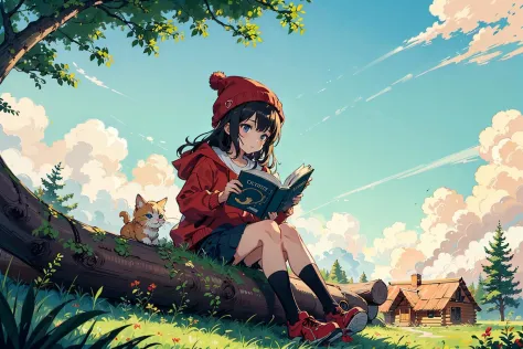 (((minimalist lines))),A 9-year-old girl in a red hat, detailed face, sitting on a big rock, reading a book, a simple log cabin, the sun shines on the roof through the forest, on the grass, warm colors