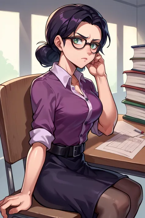 score_9, score_8_up, score_7_up, score_6_up, source_anime, BREAK 1girl,  <lora:mspauling-pdxl-nvwls-v1-000008:1> mspauling, black hair, glasses, purple shirt, buttoned shirt, short sleeves, belt, black skirt, pantyhose, medium breasts, sitting, chair, desk, looking at viewer, paperwork, bored, from side