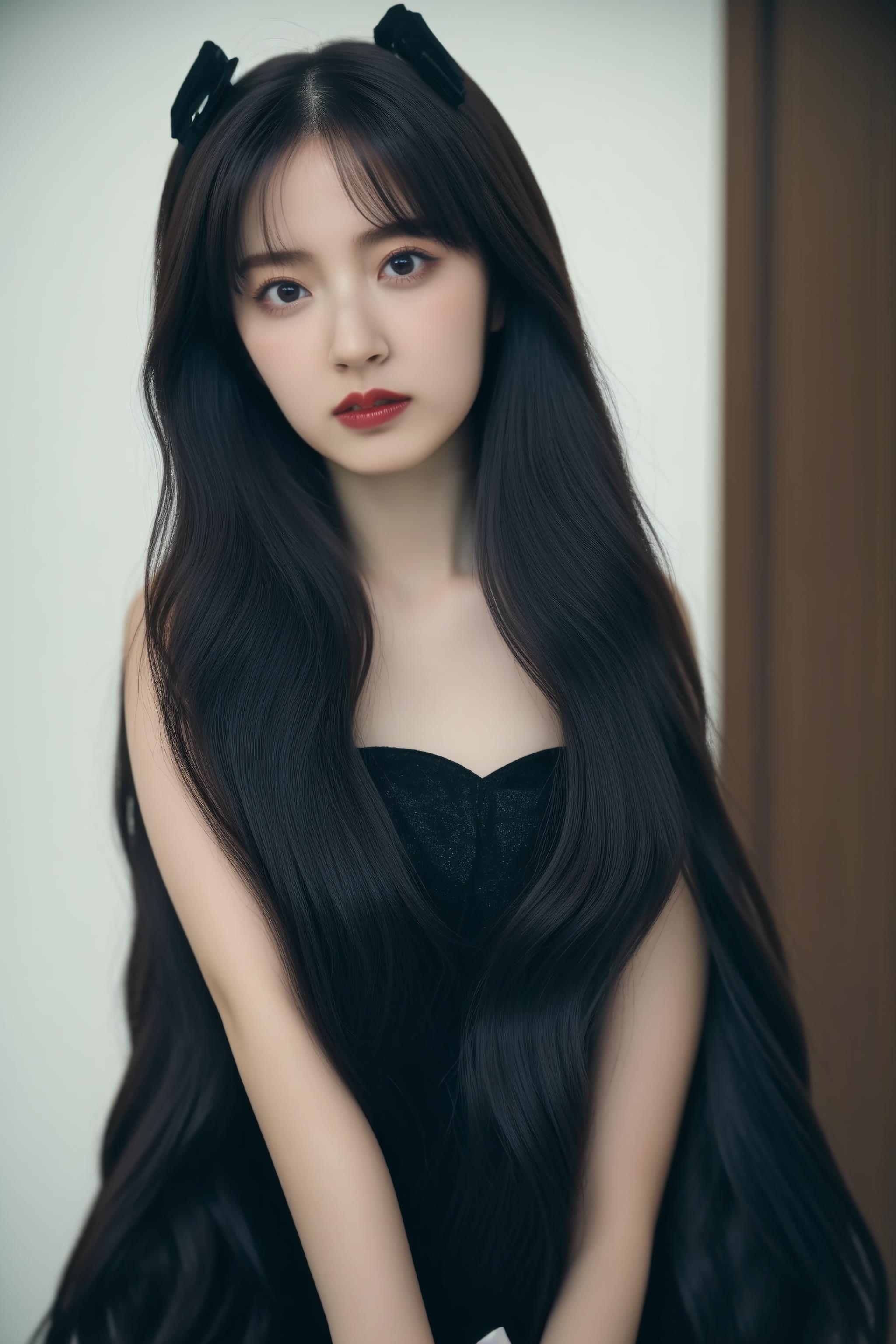 Araffe asian woman with long black hair wearing a black dress - SeaArt AI