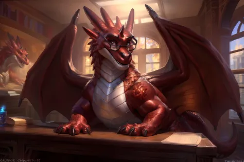(by taran fiddler), (by darkgem:0.8), (by chunie:1), masterpiece,
detailed scales, portrait, seductive, serious, (looking at viewer), (mrmordaut), red dragon, (detailed pixar eyes:1.2), detailed eyes, male, feral, (tail), glasses, wings,
sitting behind des...