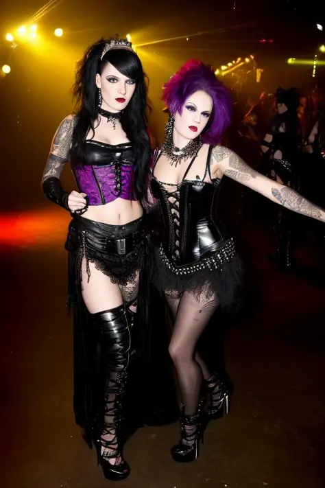photo of punk goth 2girls in a goth club, beautiful faces, tattoos, long medieval ballroom dress  latex, the light, InToThe2KGothClub, ultra-high heels, epic