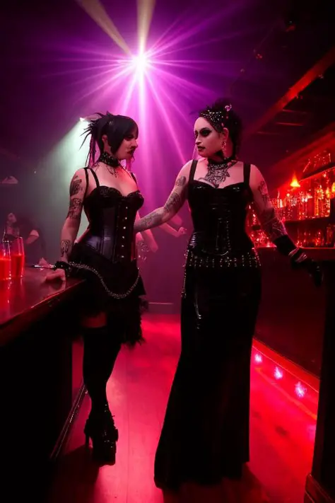 photo of  punk 2girls in a goth club, PVC, ballroom dress, tattoos, drinks, light at the bar focus on face, InToThe2KGothClub