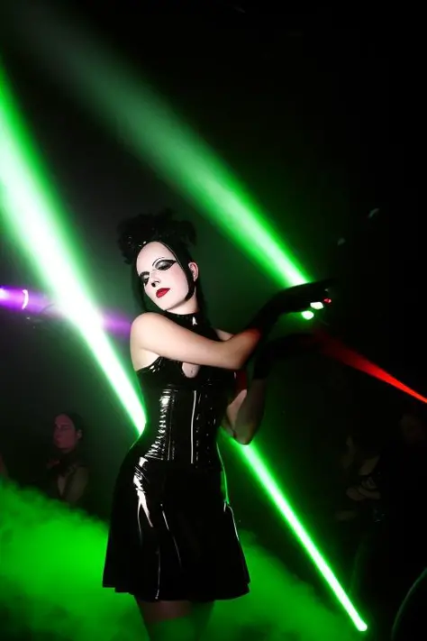 photo of a girl in a goth club latex, lather, dress,  light dancing  focus on face, InToThe2KGothClub