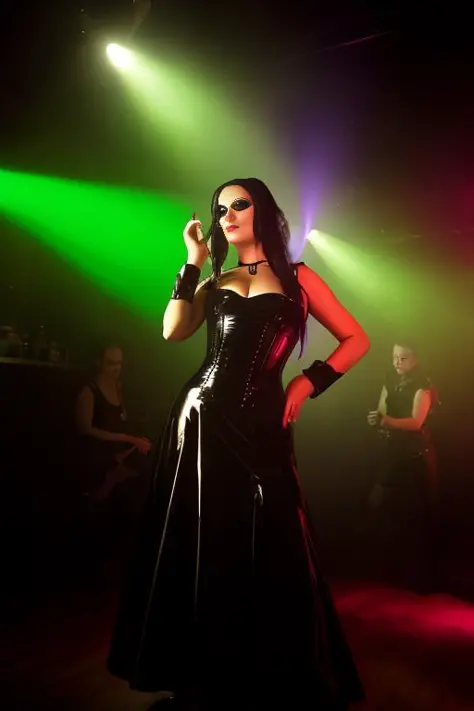 photo of a girl in a goth club latex, lather, dress,  light dancing  focus on face, InToThe2KGothClub