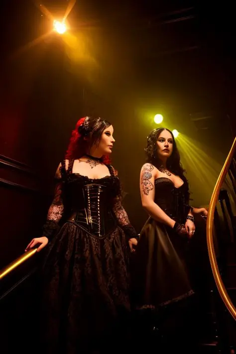 photo of   2girls in a goth club, PVC, ballroom dress, extensive tattoos, drinks, light at the staircase focus on face, InToThe2KGothClub