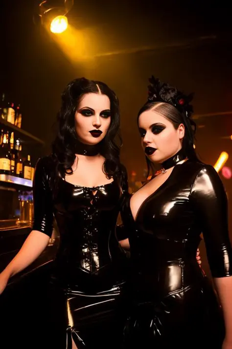 photo of a 2girls in a goth club latex, lather, dress,  light at the bar focus on face, InToThe2KGothClub