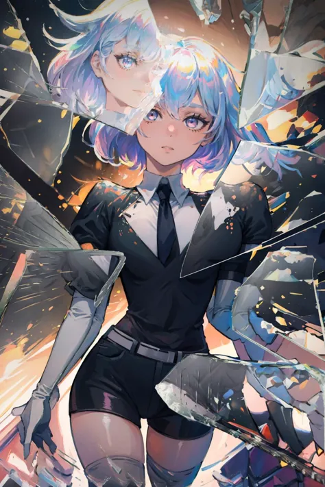 anime girl with blue hair and black shirt and tie standing in front of a broken glass wall