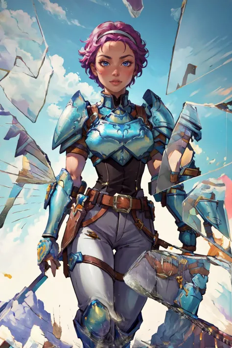 (masterpiece, best quality, absurdres, 4k, aesthetic, detailed, intricate),IncrsBrknGls,1girl,broken glass,reflection,fiona,short hair, forehead, armor, armored boots, belt, breastplate, white hairband, shoulder armor, white pants, white gloves, gauntlets, knee boots <lora:fionaV1:0.8>  <lora:BrokenGlass:1.1>