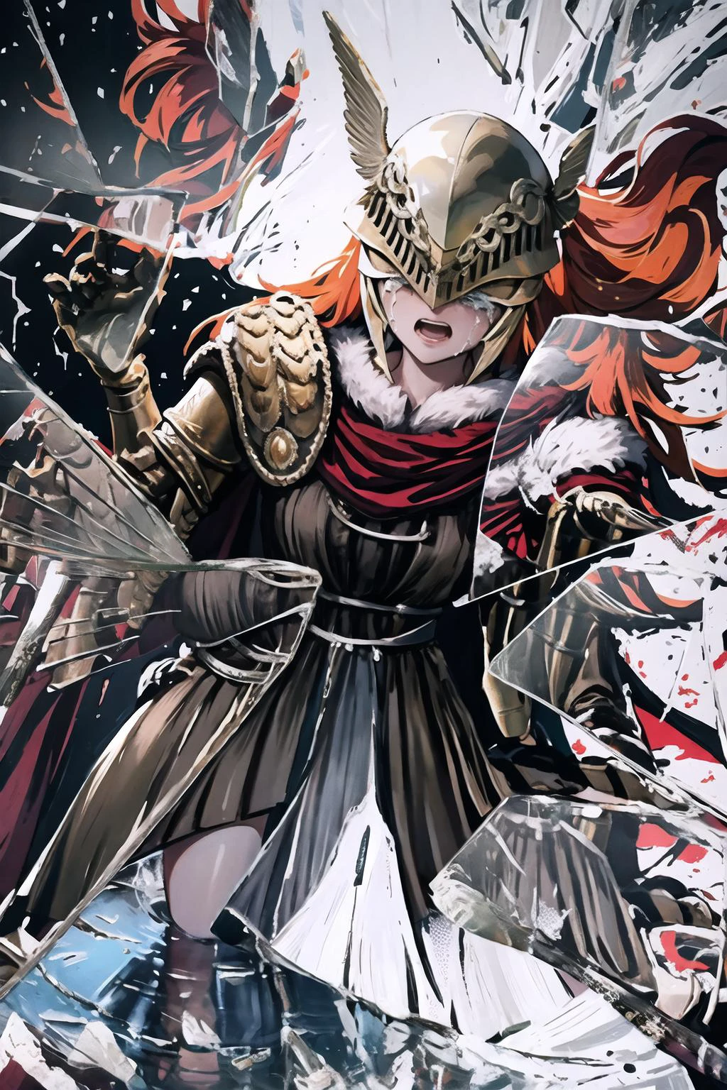 High Quality, Masterpiece, IncrsBrknGls, broken glass, reflection, single mechanical arm, prosthesis, MaleniaDef, armor, cape, helmet, brown dress, crying, tears,