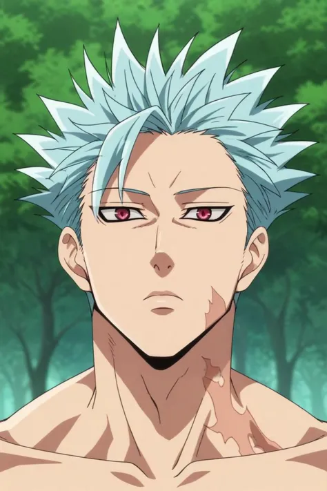 a man with blue hair and red eyes standing in front of trees