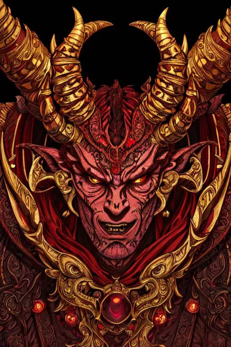 An illustration of demonic archduke with red skin, large horns and yellow eyes, masterpiece, best quality, ((intricate details))...