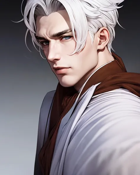 a close up of a person with white hair and a white shirt