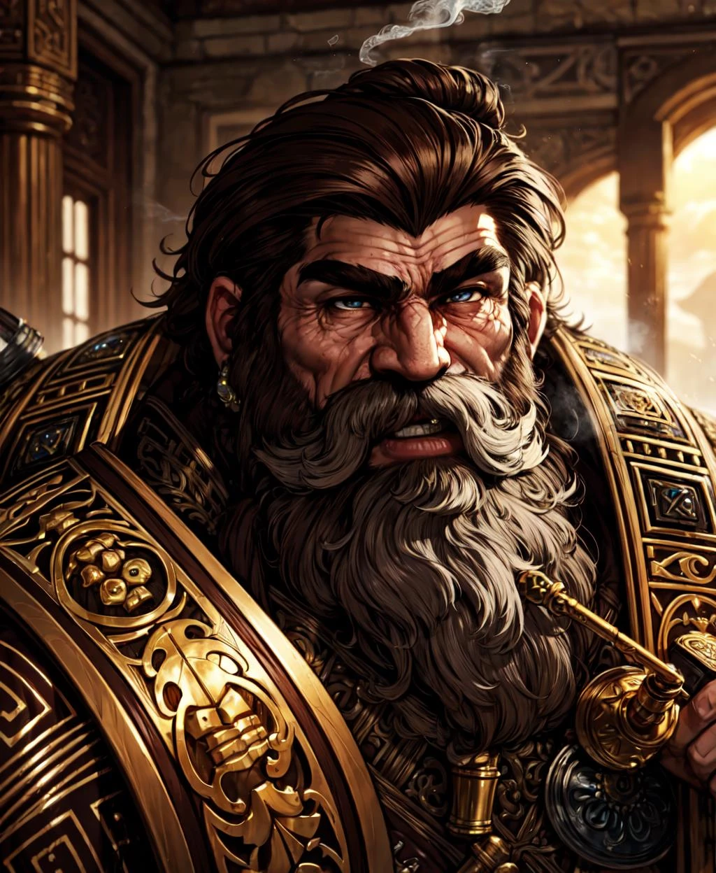 A grizzled Dwarven warrior with ornate armor, masterpiece, best quality ...