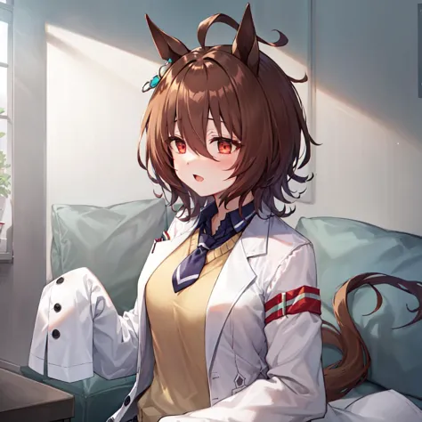 best quality, masterpiece, <lyco:agnes_tachyon_loha-000006:0.7>, agnes tachyon \(umamusume\), single earring, long sleeves, sleeves past wrists, sleeves past fingers, collared shirt, black shirt, yellow sweater, sweater vest, black necktie, short necktie, open coat, white coat, labcoat