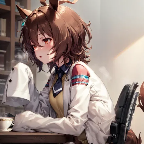 anime girl with horns sitting at a table with a cup of coffee