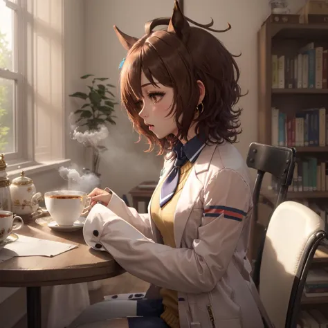 best quality, masterpiece, <lyco:agnes_tachyon_loha-000006:0.7>, agnes tachyon \(umamusume\), 1girl, indoors, bookshelf, teacup, steam, sitting, looking away, table, on chair, from side, (single earring, long sleeves, sleeves past wrists, sleeves past fingers, collared shirt, black shirt, yellow sweater, sweater vest, black necktie, short necktie, open coat, white coat, labcoat, black legwear),