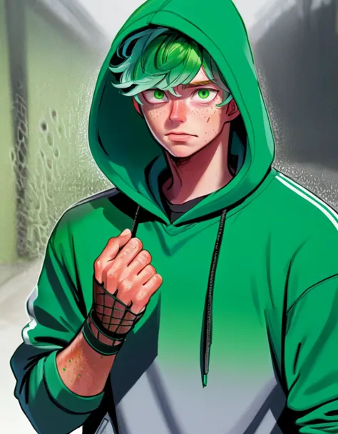 a close up of a person with green hair and a hoodie