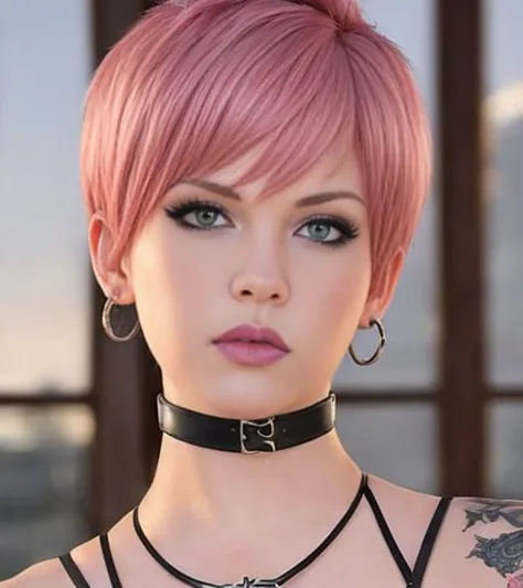 a woman with pink hair and piercings posing for a picture