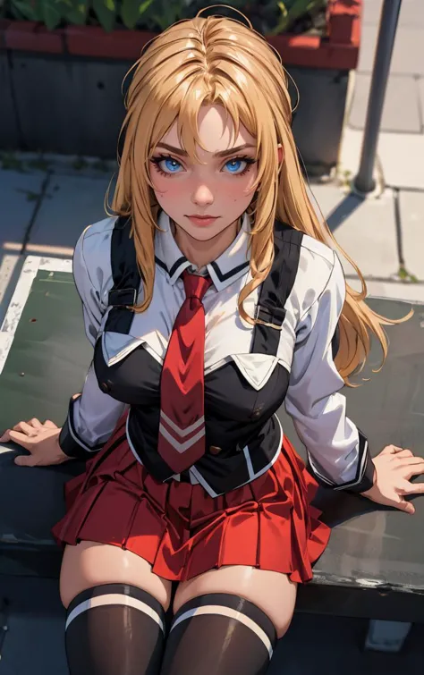 ((masterpiece, best quality)), insaneres, absurdres, solo, outdoors,
CLOTHING_BibleBlack_SchoolDress_ownwaifu, 
1girl, blonde ha...