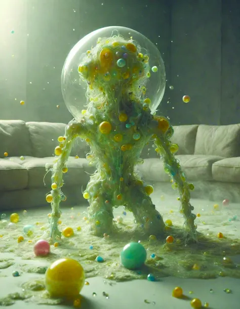 a cybernetic symbiosis of a single engineer astronaut mech-organic eva suit made of pearlescent wearing knitted shiny ceramic multi colored yarn thread infected with diamond 3d fractal lace iridescent bubble 3d skin dotted covered with orb stalks of insectoid compound eye camera lenses floats through the living room,film still from the movie directed by Denis Villeneuve with art direction by Salvador Dal,wide lens,kevlar,carbon fiber,ceramics,gaseous materials,glowing acidzlime 
