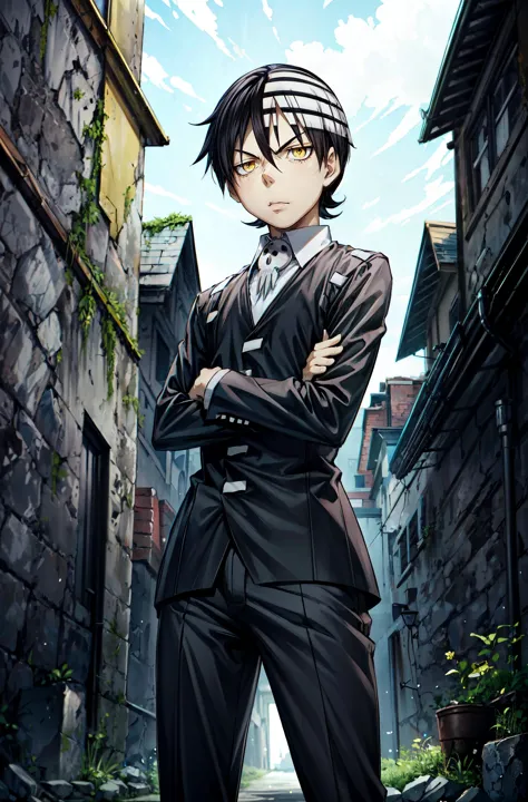 anime character in a suit standing in an alleyway with his arms crossed