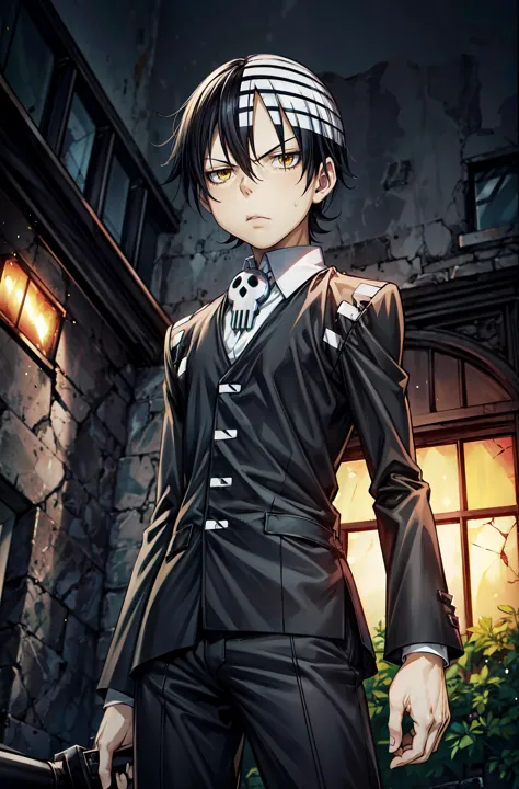 anime character in a suit with a gun in front of a building