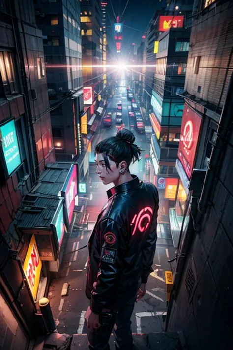 a man standing on a city street at night with neon signs