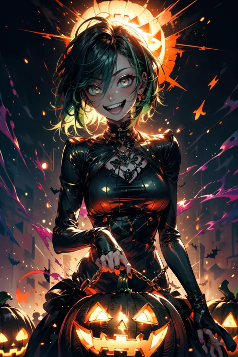 1girl,standing,green hair,short hair,portrait,looking at viewer,teeth,laughing,laugh,smile,grin widely,open mouth,colorful,color explosion behind,neon,scary,(horror style),mad,(madness),(mad laugh:1.3),(craziness),(mad smile:1.2),expression, pumpkins,pumpkin,halloween,midjourney