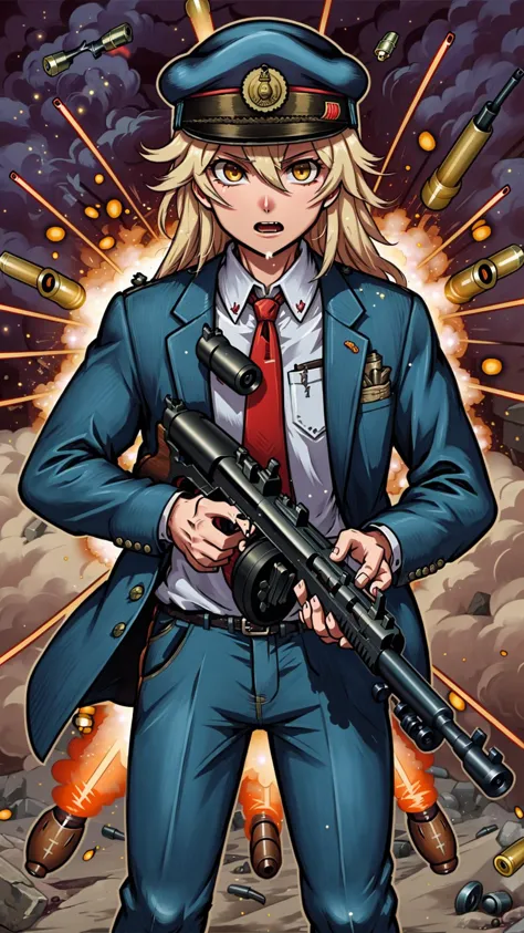 a woman in a uniform holding a gun and a rifle