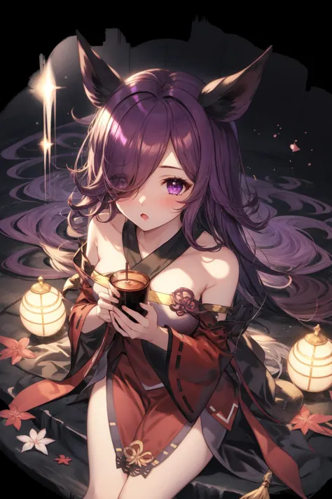 1girl, r1ce sh0wer,  purple eyes, hair over one eye, miko, <lora:Rice Shower_40794:0.8>, <lora:GBF_Splash:1>, splash art