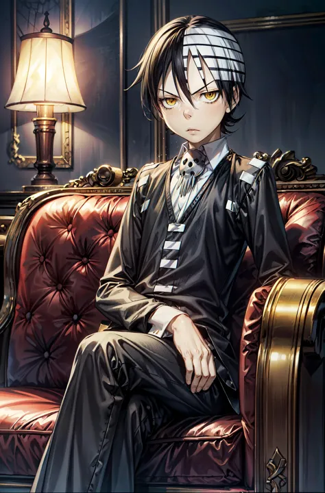 <lora:death_the_kid_soul_eater:0.8> death_the_kid_soul_eater, black hair, yellow eyes,sit,sit on couch,crossed legs,detailed man...