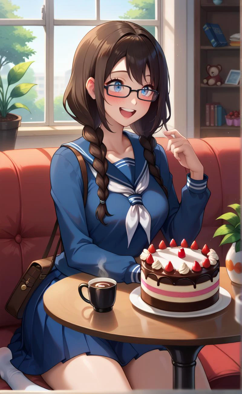 core 9, score_8_up,high quality, very detailed, beautiful, masterpiece,(high detailed skin):1.2,cinematic lighting, dim lighting,BREAK
defSaki, blue eyes, twin braids, hair over shoulders, glasses, navy blue shirt, serafuku, white neckkerchief, long sleeves, pleated skirt, sitting,upper body, 
large window,(no shoes:1.2),sweets,cake,plate,couch,bed,toy,pillow,book,satchel,bookshelf,coffee cup,dessert tower,potted plants,plant,teddy bear,Wood floor,reflective floor,soft lighting,table,chair,happy_smile,The street outside the window,high-rise,Cake on the table,
BREAK ,  