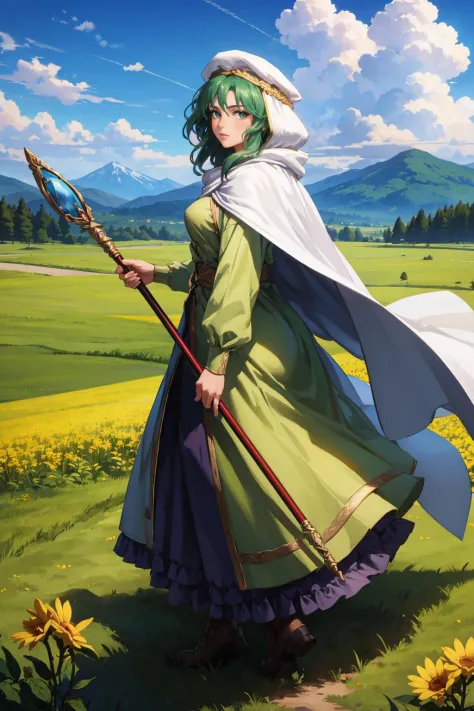 masterpiece, best quality, <lora:safy-nvwls-v1-000008:0.9> safy, hood, white cloak, green dress, long sleeves, long dress, holding staff, profile, looking at viewer, sky, clouds, field, mountains