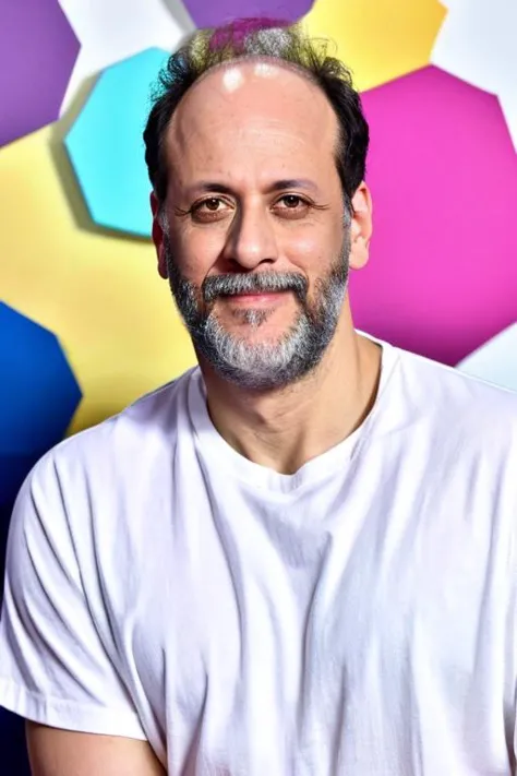 <lora:Luca_Guadagnino_Lora-10:0.9>, luca guadagnino, white tshirt, headshot, portrait, pastel background