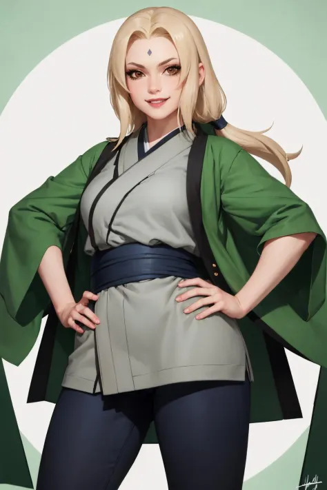 (chef-d&#39;œuvre, Meilleure qualité:1.2), seulement, 1fille, Tsunadedef, marque sur le front, sourire, regarder le spectateur, main sur la hanche, vêtements japonais, haori vert, kimono gris, ceinture, pantalon 