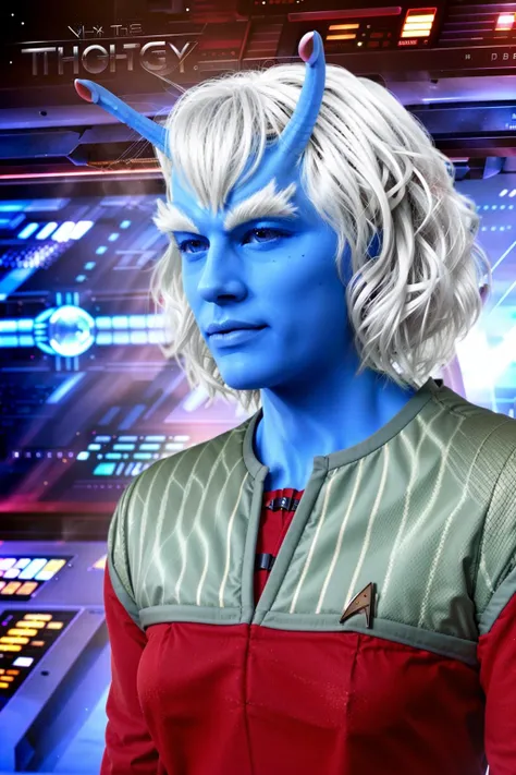 andorian woman, blue skin, white hair, antennae, jumpsuit - SeaArt AI