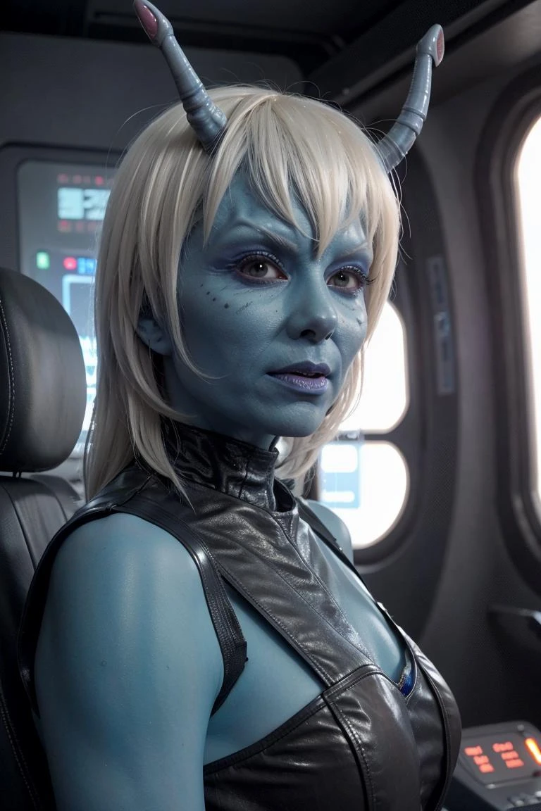 andorian woman, (estrangeiro:1.3), cabelo branco, pele azul, antenas, armadura de couro, interior da nave estelar de ficção científica,  