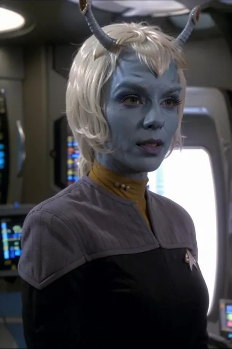 andorian woman, blue skin, white hair, antennae, jumpsuit - SeaArt AI